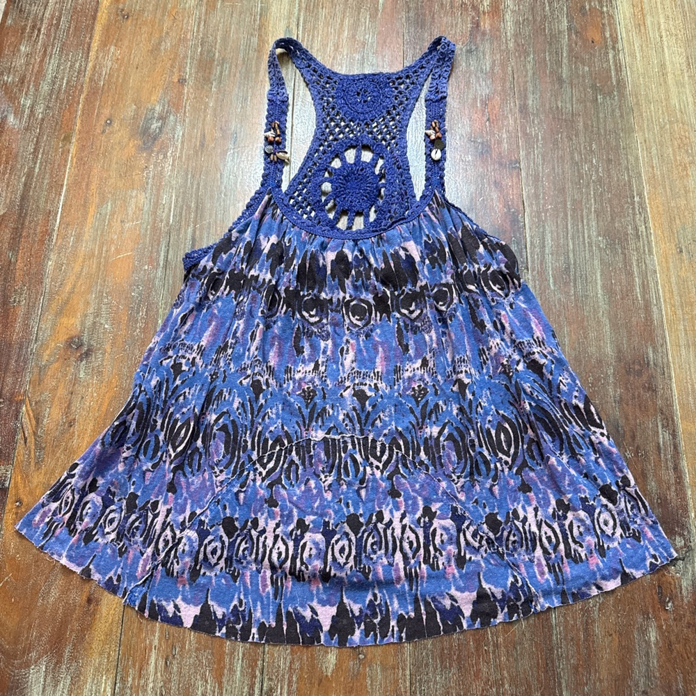 Free People Crochet Back Shell Tank Top Ikat Tribal Print Racerback Purple M
